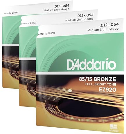 D'Addario Gitarrensaiten Westerngitarre | Gitarrensaiten Akustikgitarre | Saiten Westerngitarre | DER BELIEBTESTEN SAITENMARKE WELTWEIT | EZ920 | 85/15 Bronze | Medium Light (12-54) (Packung mit 3)