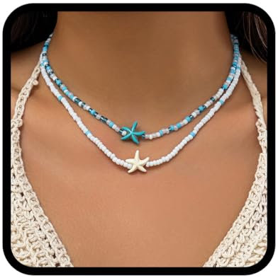 Handcess Boho Perlen Halskette Seestern Halsband Strand Halskette Schmuck für Damen und Mädchen