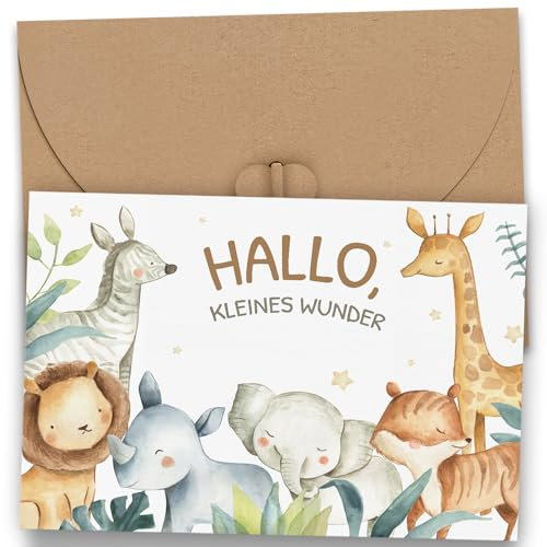 Karte zur Geburt Junge Mädchen - Premium Glückwunschkarte zur Geburt mit Umschlag aus Kraftpapier - Babygeschenke zur Geburt Baby Karten Babykarte mit Tier Motiv Hallo, Kleines Wunder Klappkarte (A6)