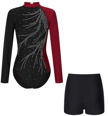 Mufeng Justaucorps de Gymnastique Femmes+Short Ensemble Patinage Artistique Adultes Col Montant Strass Combinaisons Danse Classique Bourgogne M