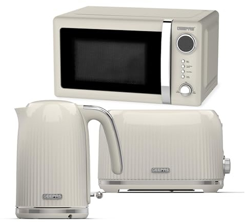 Geepas Electric Kettle 2 Slice Bread Toaster & Microwave Kitchen Set | 3000W 1.7L Textured Cordless Kettle | 2 Slice Toaster with 7 Level Browning Control | 700W Digital Microwave 20L, Cream