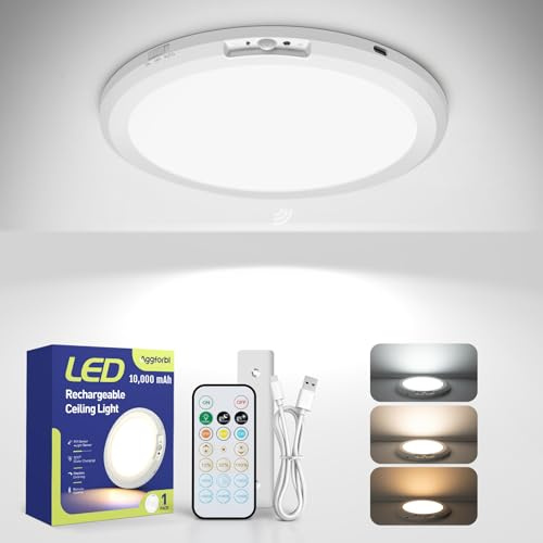 Aggforbl 10,000mAh Rechargeable Ceiling Light with Remote, 7.09“ Wireless Waterproof Shower Lights 3000K/4000K/6000K, Battery Powered Light for Closet Battery Operated, Motion Sensor Lights No Wiring