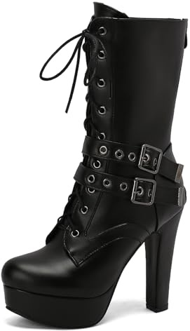 Galindopia Black Platform Boots Mid Calf for Women Block High Heels Rivets Studs Gothic Punk Lace Up Knight Biker Half Botines de Mujer Size 37