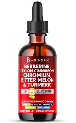 Berberine with Ceylon Cinnamon Supplement Liquid Drops + Bitter Melon Extract, Glucomannan, Gymnema, Chromium, Turmeric, Panax Ginseng, Moringa- 2 OZ