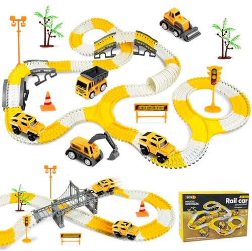 PATEMZON Juego de Pistas de Carreras para Niños, Pista de Coches de Carreras con 6 Coches, Flexible Juego De Carrera con Tren Eléctrico, Construcción Juguetes, Regalos para Niños De 3+ Años
