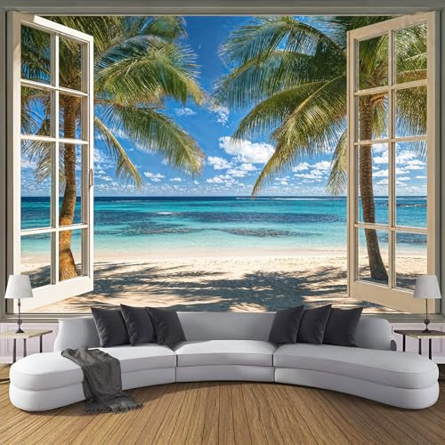 Carta Da Parati Fotografica 3D Effetto Fuori Dalla Finestra La Spiaggia,350× 256cm Fotomurali Moderna Decorazione XXL Poster Gigante Natura Onde Palme Carta,Fotomurali In Tessuto Non Tessuto TNT Blu