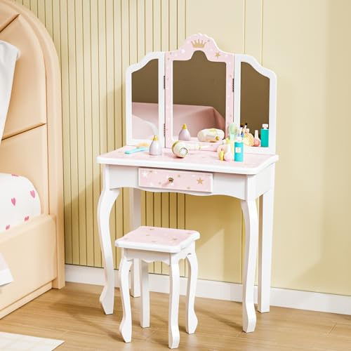 Bonnlo Schminktisch mit Hocker und Abnehmbarer Spiegel, Kindertisch mit Schublade für Mädchen ab 3 Jahren, Kronen-Muster Rosa