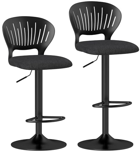 HOMCOM Set 2 Sgabelli Bar con Altezza Regolabile, Sgabelli Cucina Alti in Tessuto Effetto Lino con Schienale, Poggiapiedi e Seduta Morbida, Struttura in Metallo, Sedie Bar Alte Girevoli a 360°, Nero