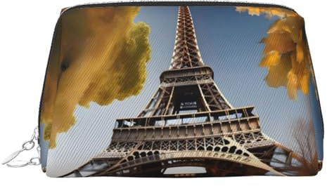 Borsa per cosmetici in pelle con stampa di Parigi Torre Eiffel Francia con paesaggio urbano, borsa per il trucco in pelle con chiusura superiore con cerniera elegante borsa da toilette, Argento