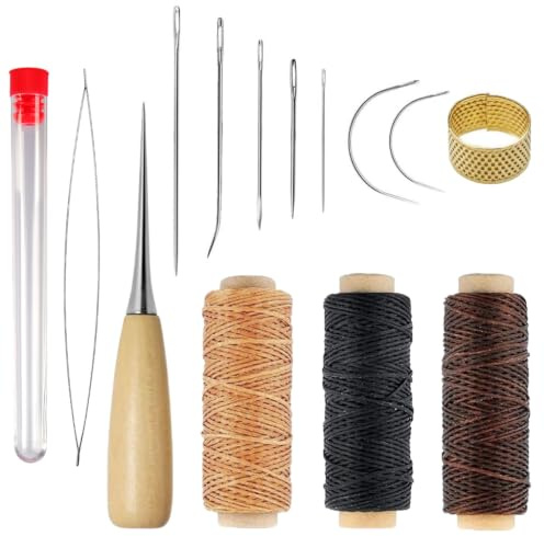 Ensemble d'Outils pour Cuir 14 Pieces avec Aiguilles Fil Couture Poincon Cuir et Accessoire Couture Kit de Professionnel pour Reparation et Travaux d'Aiguille Essentiels