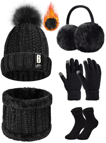 Voqeen 5 Pièces Ensemble de Ski d’Hiver de Femme Tricotés Ensemble d'hiver Bonnet Chaude Écharpe Gants en Tricot Cache-Oreilles Chaussettes Chapeau Pompon