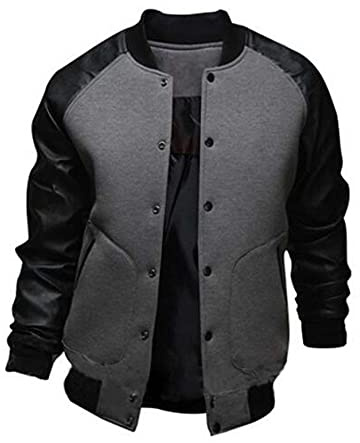 Chaqueta bomber de béisbol con manga de cuero para hombre, Gris Profunda, L