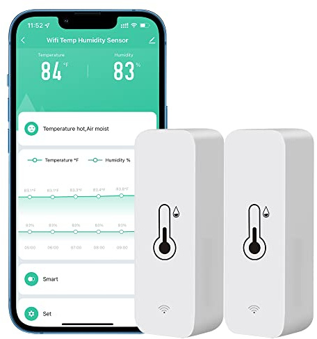 PHOVOLT WiFi-hygrometer termometersensor för hem, inomhus och utomhus, trådlös temperaturfuktighetssensor, monitor med fjärrkontroll, app med aviseringsvarning, fungerar med Tuya-appen, för hemväxthus (2-pack)
