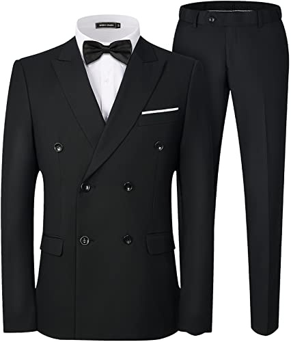 WEEN CHARM Men's Suits Slim Fit 2 Piece Black Peak Lapel Tuxedo Two Button Wedding Prom Party Blazer Pants Set