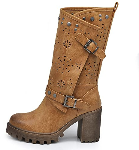 IF FASHION Stivaletti Tronchetti Da Donna Con Tacco Grosso Plateau Borchie Pelle Sintetica G669 camel N.37