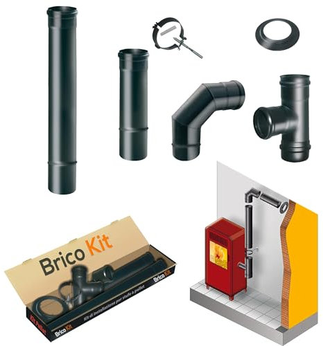 Canna Fumaria Kit Tubi Stufa a Pellet DN 80, Canale da Fumo con Elementi Componibili Rigidi in Acciaio al Ferritico, Nero Opaco, Spessore Minimo 8/10mm, Conforme Standard Marcatura CE | Brico Kit