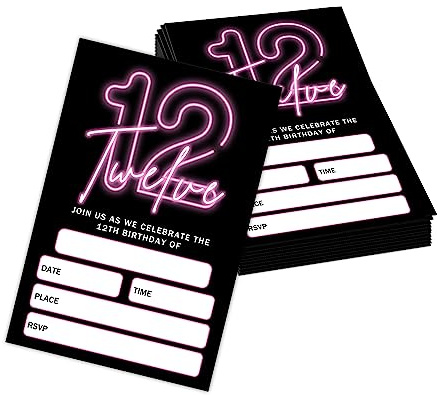 4x6 12th Birthday Party Invitation Cards With Envelopes set of 20, Pink Neon Twelve Birthday Party Supplies for Boys, Girls, Kids or Teens Happy Birthday Celebration Invitation - b004