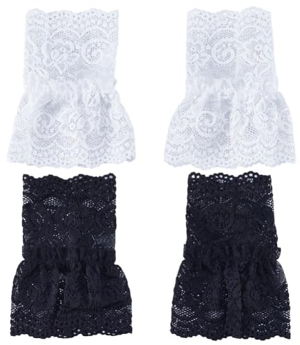 GORGECRAFT 2 Paire de Fausses Manches de 2 Couleurs Poignets de Poignet en Coton Gants Courts en Dentelle Sans Doigts Poignets Extensibles Costume Victorien pour Conduite Mariage Noir Blanc