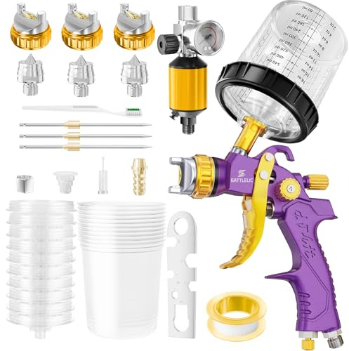 HVLP Air Spray Gun with 1.4/1.7/2mm Nozzles & Air Compressor Regulator, Air Spray Paint Gun w/10pcs 600cc Mixing Cup and Lids, Automotive Paint Sprayer for Car, House Painting, Furniture (Purple)