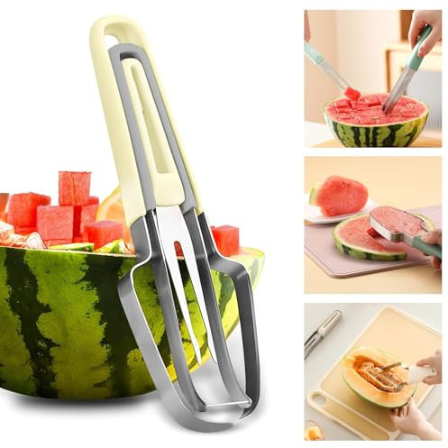Affettatrice per Melone 3 in 1, Nuovo Modello in Acciaio Inox per Angurie, Taglierina per Frutta, Anguria, Cantaloupe, Papaia, Frutti di Drago (Beige)