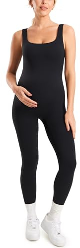 MOMANDA Maternity Jumpsuit Workout Romper for Pregnancy Seamless Leggings Bodysuit Sleeveless Square Neck Tank Top Black Medium