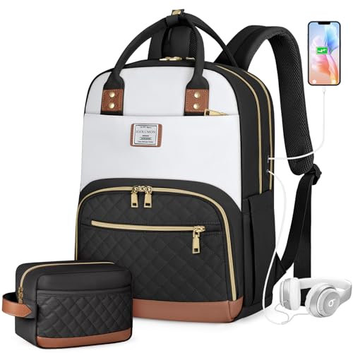 IGOLUMON Laptop Backpack Womens 15,6 inch Travel Rucksack Bag for Women with USB Port Large Water Resistant Back pack Set for Work College Teacher University School Black