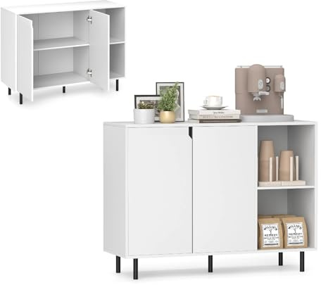 KOMFOTTEU Credenza Cucina Bianca, Armadio Dispensa con Ante, Ripiano Regolabile in 5 Livelli e Dispositivo Anti-Ribaltamento, Mobile Buffet per Soggiorno e Corridoio, 106x38x80cm (L x P x A) (Bianco)