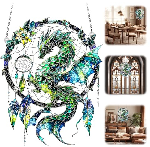 Shirylzee Dragon Dreamcatcher Suncatcher Window Hanging Acrylic | Stained Glass Effect, Dragon Acrylic Ornament, Colourful Window Hanging, for Indoor Outdoor Garden Home Decor
