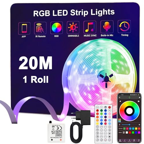 Anmossi Tira LED 20m,24V RGB Tiras LED con IR Control Remoto y Bluethooth App,Sincronización de Música,Modo Temporización,Luces LED Habitación,para Dormitorio,Sala,Cocina,Bar,Fiesta