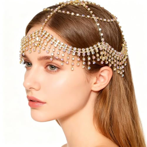 GORGECRAFT Copricapo con Nappe Cristalli e Strass A Strati con Catena per La Testa In Maglia Gioielli Roaring 20s Scintillanti Fasce Capelli Da Sposa Cappellini Flapper Capelli Da Ballo Halloween