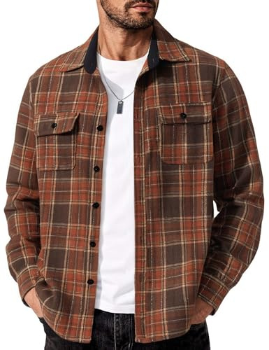 COOFANDY Camisa de manga larga para hombre, camisa de franela a cuadros para hombre, camisa de ocio a cuadros, camisa tradicional para moto, camisas con bolsillos, corte regular, Café a cuadros