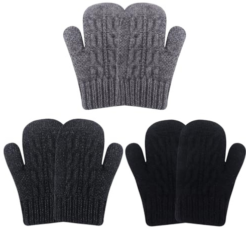 QKURT 3 par småbarnsvantar, varma vinterhandskar med fulla fingrar fodrade med fleecefodrade termiska vantar magiska unisex handskar för spädbarn och barn 1–5 år, svart, one size