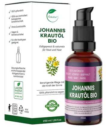 Nakobe Huile de millepertuis bio 50 ml - Huile rouge 100 % naturelle - Bienfaisante pour la peau, les muscles et les soins - Végétalien et sans additifs