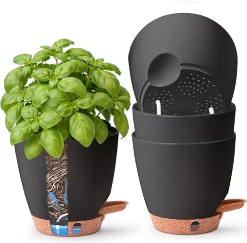 T4U 15cm Self Watering Plant Pots Indoor 4 Pack, Water Level Indicator & Deep Reservoir, Mess-Free Planters for Busy Homes and Beginners, Suitable for Herbs and Pothos, Sheltered Outdoor Use(Black)