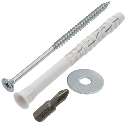 AERZETIX - Set med 8 universella pluggar med avfasad krage Ø8x100 mm i polyamid + 8 träskruvar Ø5x100 mm + 8 breda brickor för M5 bult + 1 skruvbit PZ2 1/4