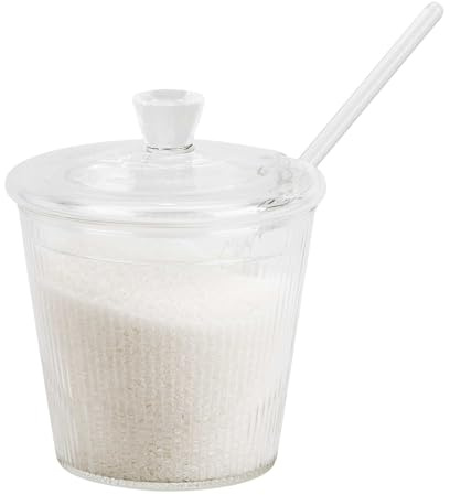 Jata HOGAR HCAF5510 - Azucarero de Cristal Borosilicato 360 ml con Tapa y Cuchara, Azucarero Transparente con Diseño de Rayas, Apto Lavavajillas, Libre BPA
