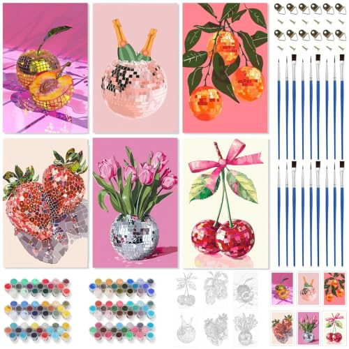 GOUYENG Pintar por Numeros Adultos,6 Piezas DIY Pintura por Números 20x30 CM,DIY Painting by Numbers,Bola de Discoteca,Kits Cuadros por Numero,Kit de Pintura al óleo de Lienzo