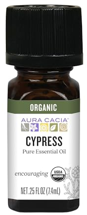 Aura Cacia Organic Cypress Essential Oil, Pure Cupressus Sempervirens Oil, Aromatherapy for Home, Body Care, DIY Blends | 0.25 Fl Oz (Pack of 1)