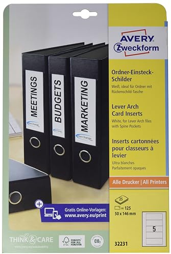 Avery Zweckform 32231 - Etichette per raccoglitore ad anelli, 50 x 146 mm, 125 pz