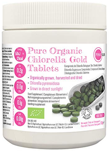 PINK SUN Organic Chlorella Tablets 500mg x 1000 Tabs Pyrenoidosa Broken Cell Wall Cracked Gluten Free Non GMO Vegetarian Vegan Certified Organic by the Soil Association 500g Bulk Buy