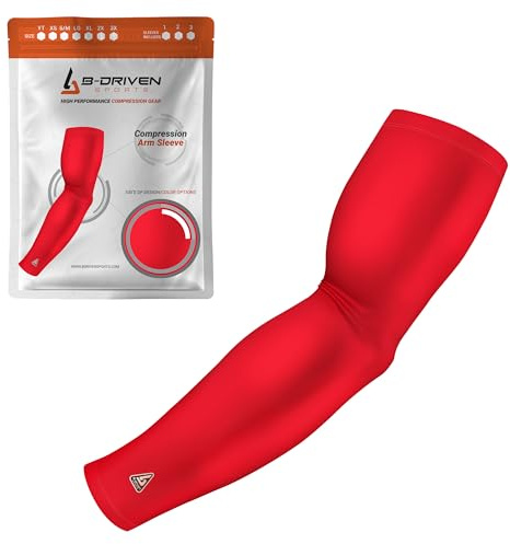 B-Driven Sports Pro-Fit Compression Arm Sleeve - Athletic Sports Support for Baseball, Basketball, Football, Softball, Running, Volleyball, Men, Women, Youth - RedMLB XXX-S (YTH-STD) (1pc)