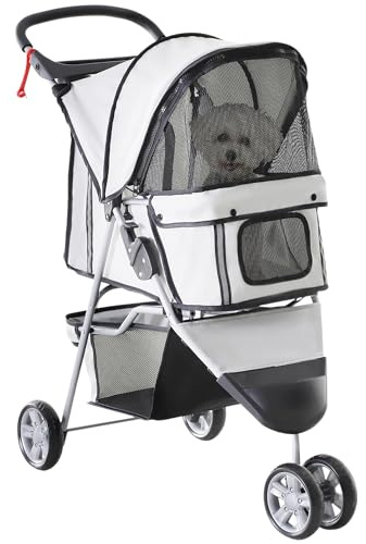 PawHut Passeggino per Cani Piccoli Pieghevole, Carrozzina per Cani con Ruote con Freni, Portabicchieri, Cestino Portaoggetti e Imbottitura Rimovibile e Lavabile, per Animali Domestici 10 kg, Grigio
