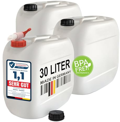 plasteo® 3er Set: 30 Liter Getränke u.Trinkwasserkanister Wassertank Behälter Natur mit 1 Hahn und 3 Schraubdeckel | Lebensmittelecht | Tragbar | Indoor und Outdoor | BPA Frei