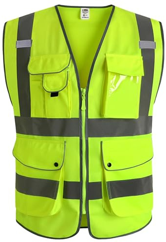 JKSafety 9 Pockets Class 2 High Visibility Zipper Front Safety Vest With Reflective Strips,Meets ANSI/ISEA Standard (Large, 150-Yellow)