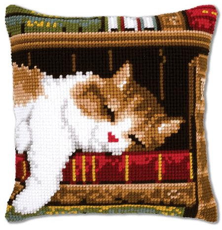 VERVACO Kreuzstich Stickpackungen Kissen Stickerei Set Anfänger Vorgedruckt Schlafende Katze DIY Set Kreativ Set Für Erwachsene Dekoratives Kissen ca. 40 x 40 cm Bastelset Handwerker Haus Dekoration