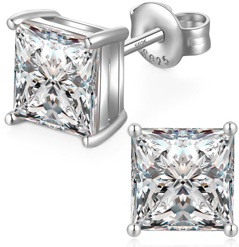 Pendientes Hombre Cuadrados Diamante Plata Mujer Plata De Ley 925 Chapada En Oro Blanco De 18k Redondos Circonio 5mm