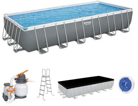 Bestway Power Steel 24’ x 12' x 52” Above Ground Pool, Rectangular Metal Frame Outdoor Swimming Pool Set with Sand Filter Pump, Ladder, and Cover