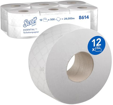 Scott Essential Jumbo Toilettenpapierrolle 8614 – 2-lagiges Toilettenpapier – 12 Rollen x 500 weiße Blatt (2.400 m insgesamt)