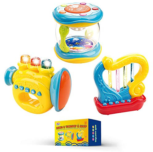WEofferwhatYOUwant Instruments Musicaux Bébé – Ensemble Trompette Tambour Harpe – Sons & Berceuses – Lumières LED – Jouet Éducatif Interactif Portable 6 Mois+ – Piles Incluses