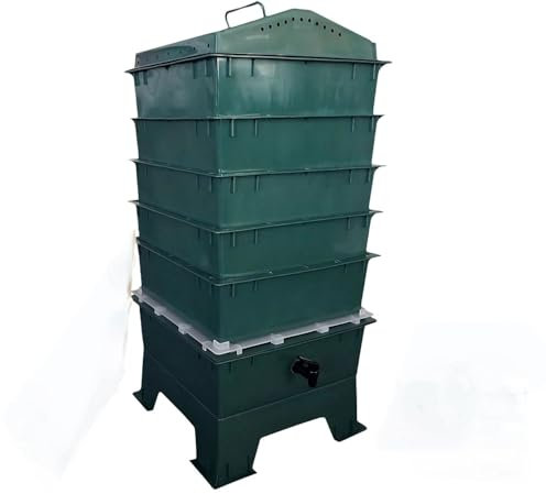 VermiHut Bidone per compostaggio a 5 scomparti, verde scuro, con vassoio salvavita
